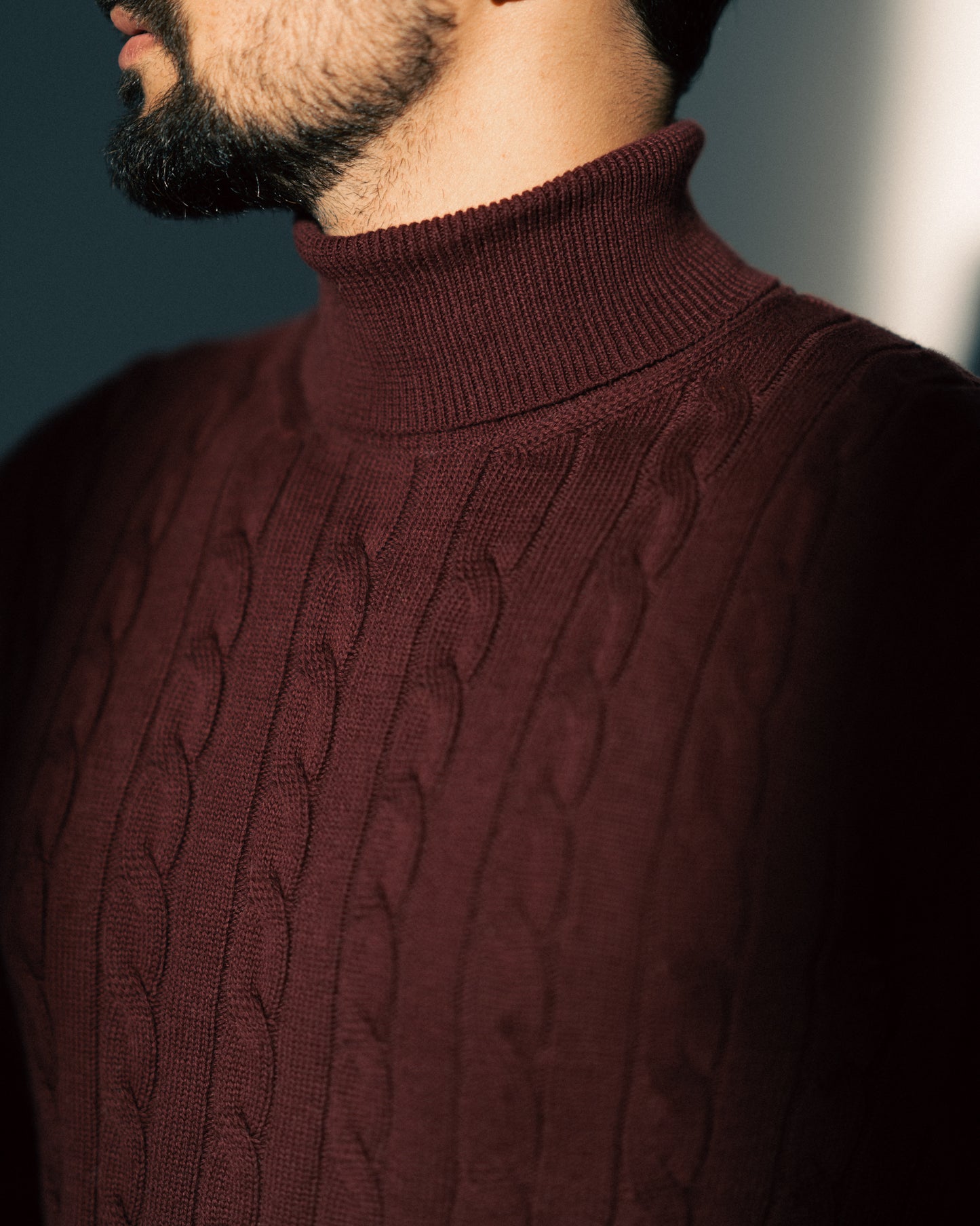 BURGUNDY PALERMO CABLE-KNIT TURTLENECK SWEATER 