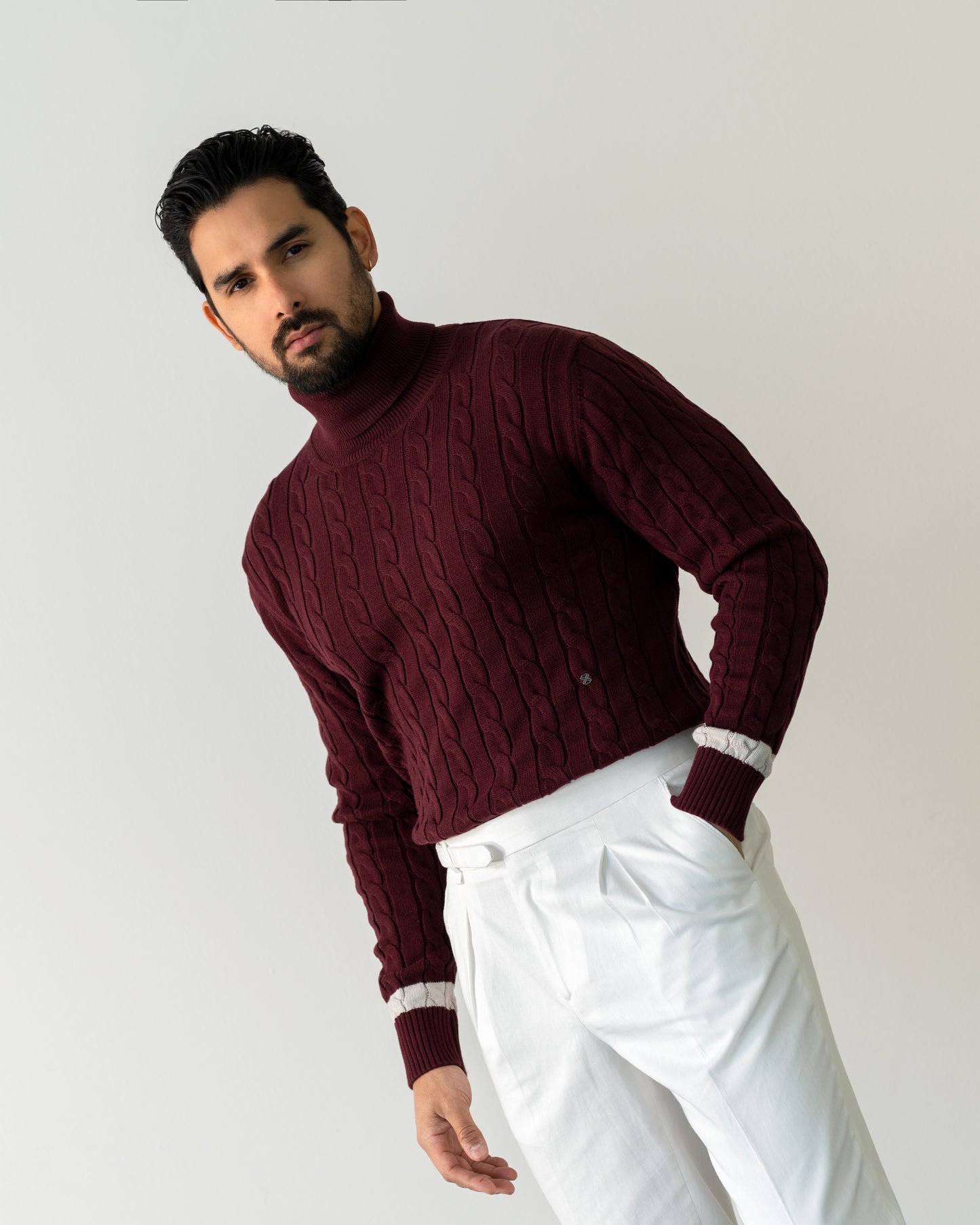 BURGUNDY PALERMO CABLE-KNIT TURTLENECK SWEATER 