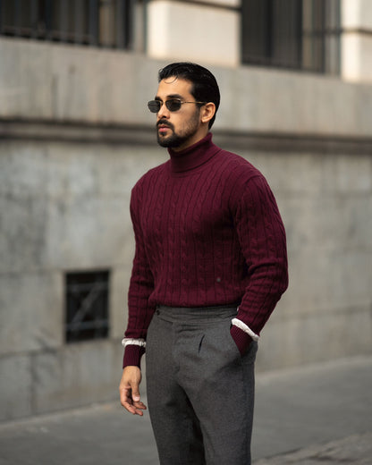 BURGUNDY PALERMO CABLE-KNIT TURTLENECK SWEATER 