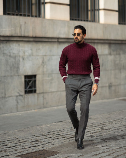 BURGUNDY PALERMO CABLE-KNIT TURTLENECK SWEATER 