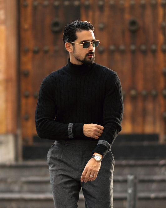 BLACK PALERMO CABLE-KNIT TURTLENECK SWEATER 